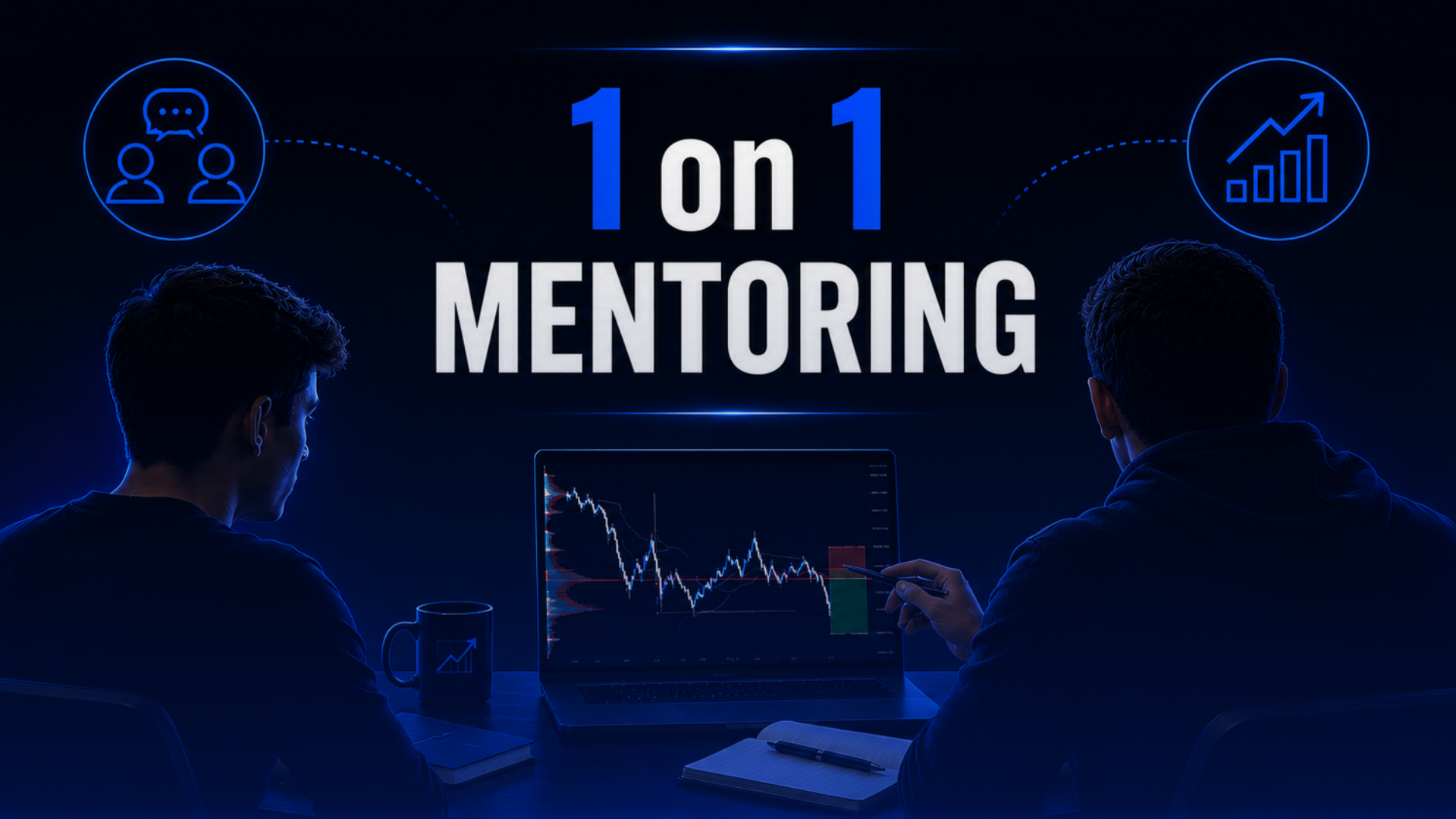 Osobní mentoring 1 na 1 – dva tradeři KnowTrade u notebooku se svíčkovým grafem